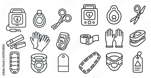 Collection of medical supplies and equipment. The supplies include a stethoscope, scissors, and gloves. The equipment includes a defibrillator and a heart monitor