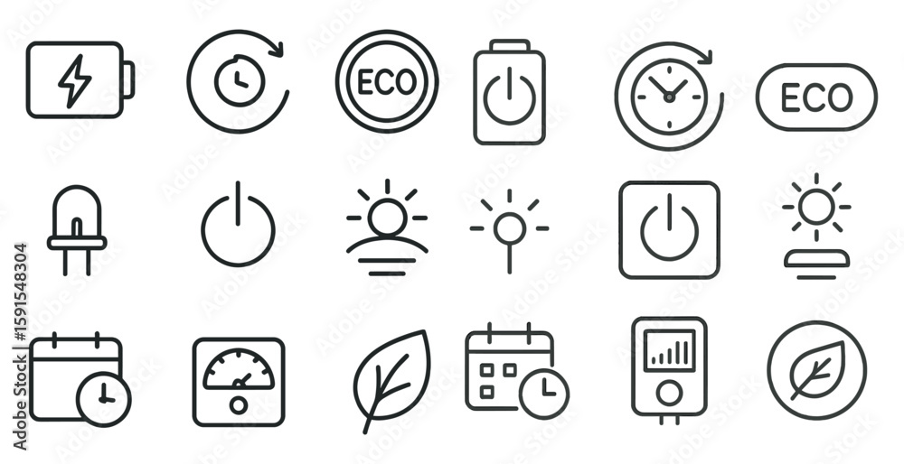 Fototapeta premium Collection of icons for various electronic devices and appliances, including a clock, a battery, and a light switch