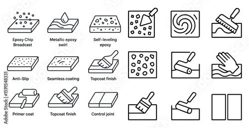 The image is a series of different tools and techniques used for painting and applying materials to surfaces. The tools include a brush, roller, and trowel, while the techniques include priming
