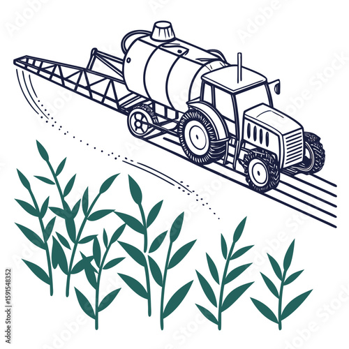 Tractor spraying crops with dark green foliage sprayer agriculture