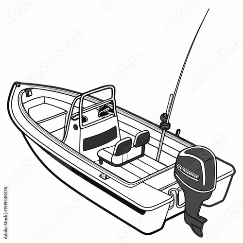 Small motorboat with outboard engine and fishing rod