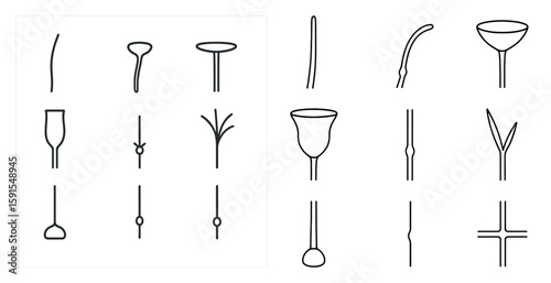 Series of different types of glasses, including wine glasses, shot glasses, and tall glasses. The glasses are all drawn in a stylized, abstract manner, with varying shapes and sizes