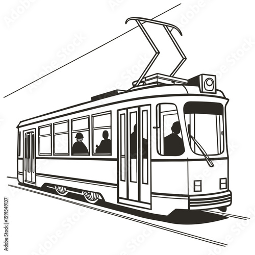 Vintage tram with passengers on white background public transport city