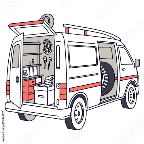 White and coral van interior with spare tire and equipment mobile garage