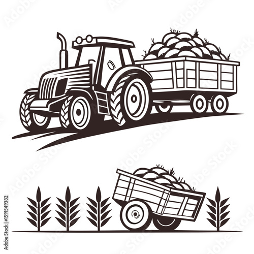 Tractor hauling harvest with crops trailer farming