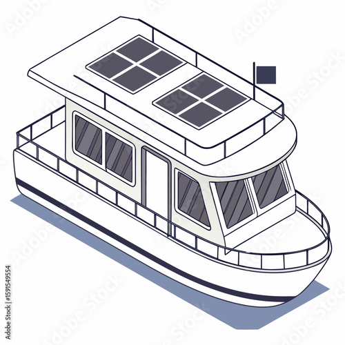 White boat with solar panels and dark windows watercraft