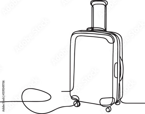 Minimalist continuous line drawing of a wheeled suitcase