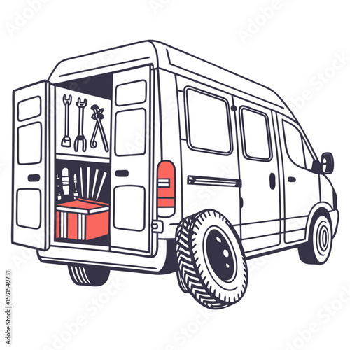 Van with Tools and Red Box mobile garage wrench