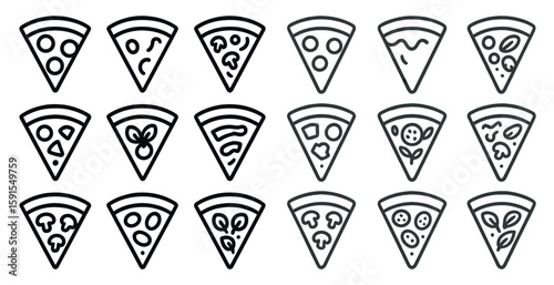 Series of pizza slices with various toppings. The slices are all different sizes and shapes, but they all have the same basic design