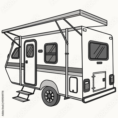 White camper trailer with extended awning and steps travel camping
