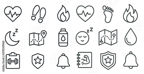 Set of icons for various health and wellness related activities. The icons include a heart, a star, a bell, a book, a map, a water bottle, a heart rate monitor, a sleeping person, a sleeping baby