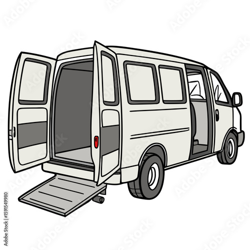 White cargo van with open doors and ramp delivery van utility vehicle