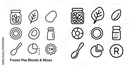 Set of icons for frozen peas, beans, and mixtures. The icons are simple and easy to recognize, with each one representing a different type of food. The icons are arranged in a grid