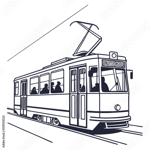 Vintage tram with passengers public transport city