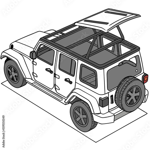 White convertible S U V with open roof and spare tire vehicle