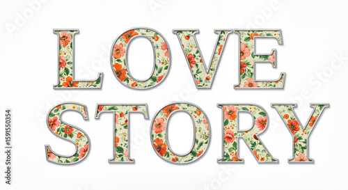 Love Story text with floral pattern isolated on white background