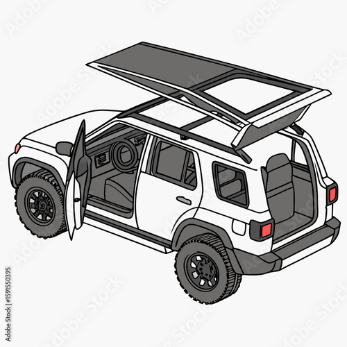 White convertible sport utility vehicle with open doors and roof vector