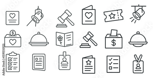 Set of icons for various items such as a bell, a book, a court, a heart, a dollar bill, and a star