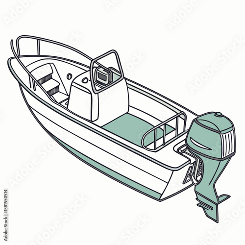 White boat with teal outboard motor and seats watercraft