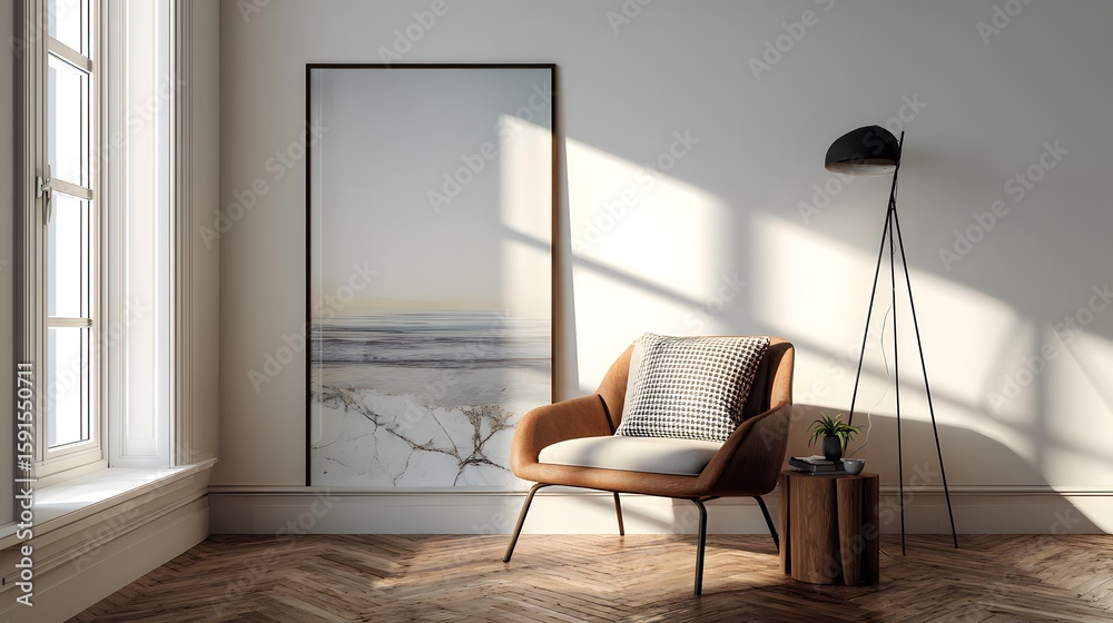 Fototapeta premium Minimalist living space with single chair, floor lamp, and art frame