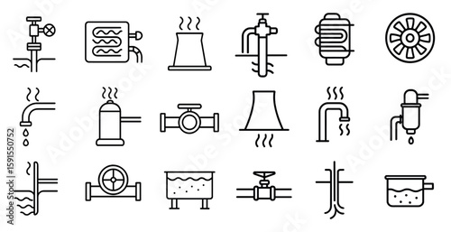 Series of black and white icons of plumbing and water systems. The icons include a faucet, a pipe, a valve, a radiator, a water heater, and a sink. Scene is one of utility