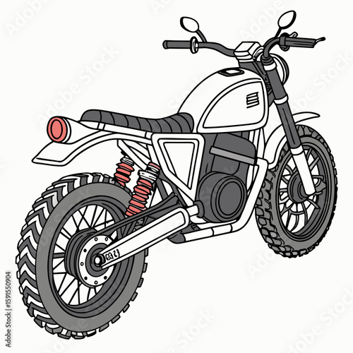 White electric motorcycle with large tires and red shocks scrambler off road
