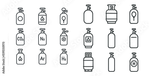 Collection of gas containers with various chemical symbols on them, including CO2, N2, H2, and H2O