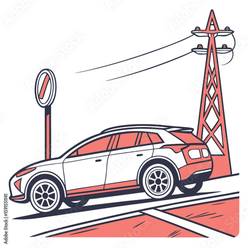 White electric suv near power pylon and road sign vehicle transportation