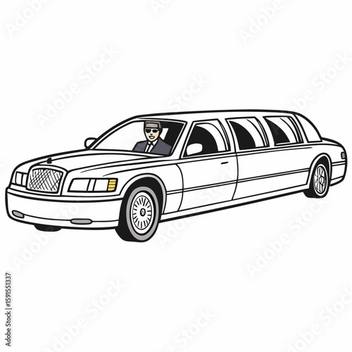 White limousine with chauffeur wearing sunglasses vehicle transportation
