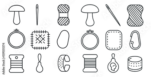 Collection of sewing tools and accessories. The tools include needles, scissors, and thread. The accessories include a sewing kit, a needle threader, and a thimble