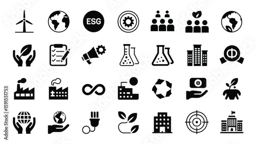 Collection of environmental icons representing energy, earth, and green growth