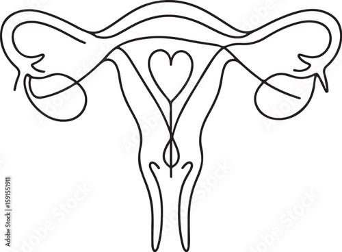 Minimalist uterus line art with heart symbol in center on white background