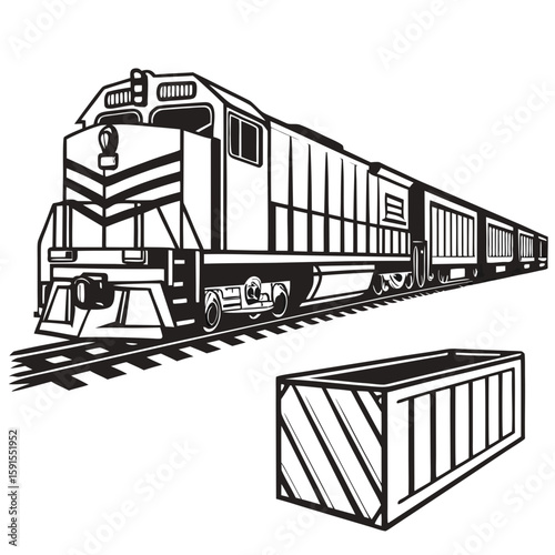 Black and white cargo train and freight container transport