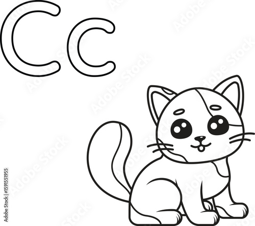 Alphabet coloring page letter C with cat