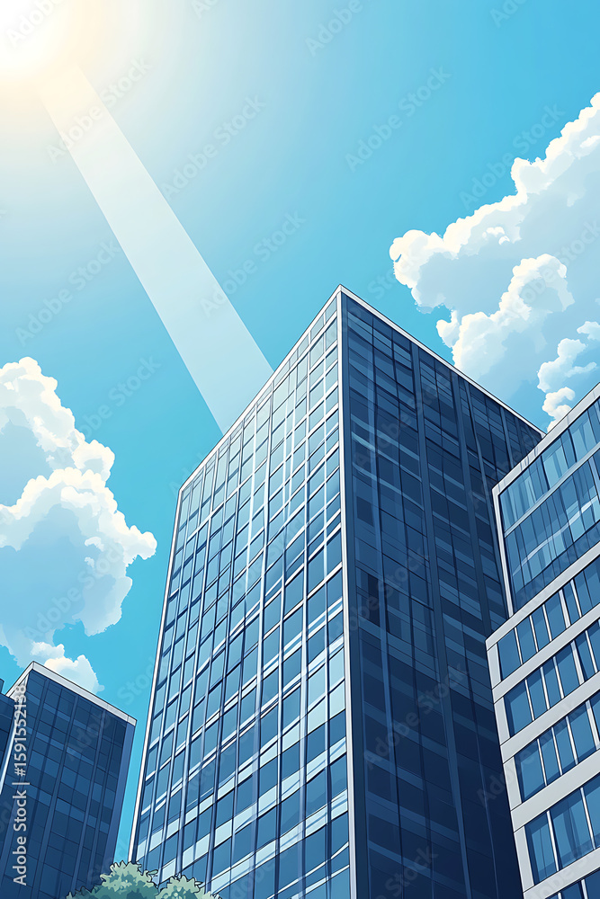 Fototapeta premium Modern skyscrapers under a bright blue sky with sunlight streaming through clouds