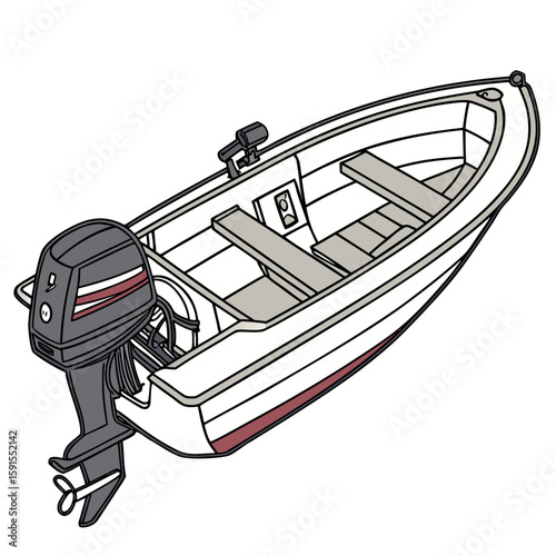 White motorboat with dark grey outboard engine and maroon stripe outboard motor watercraft