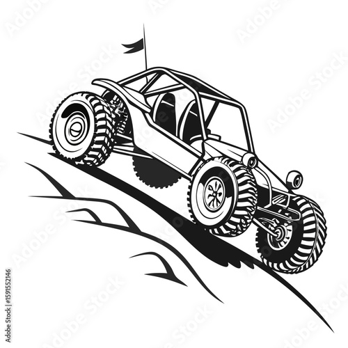 Black and white dune buggy climbing steep hill off road vehicle