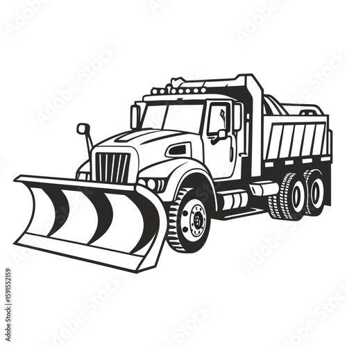 Black and white heavy duty snow plow truck winter vehicle transportation
