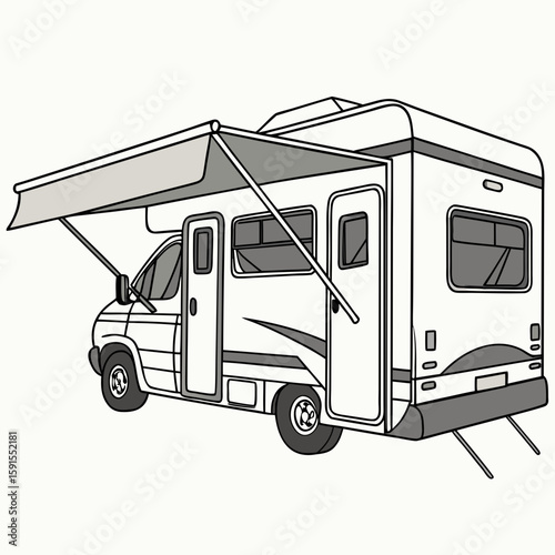 White motorhome with open grey awning and support legs camper recreational vehicle