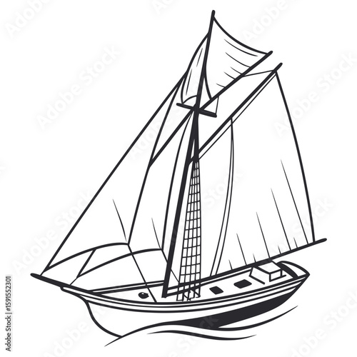 Black and white illustration of a sailing vessel with multiple sails sailing boat