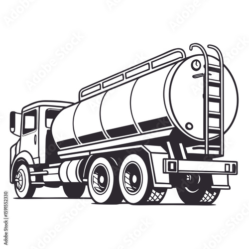 Black and white illustration of a tanker truck fuel truck liquid transport
