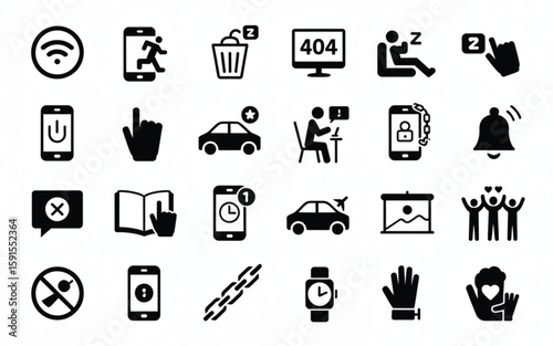Set of tech icons including mobile apps, web services, and notifications