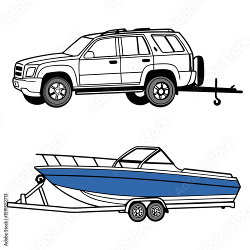 White S U V towing blue boat on trailer transportation