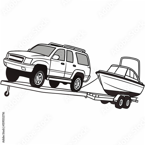White S U V towing a boat on a trailer vehicle