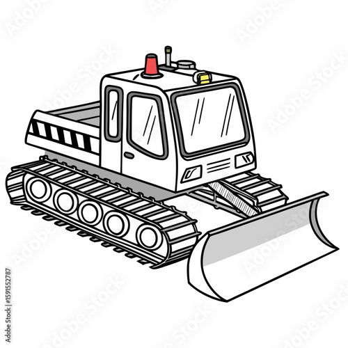 White snow groomer with red light and plow vehicle winter