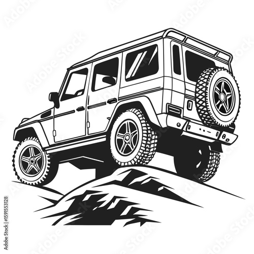 Black off road vehicle climbing rocky mountain rocky terrain all terrain