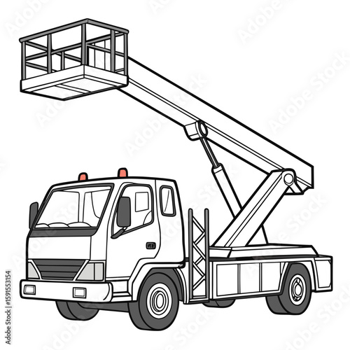 White truck with elevated platform and hydraulic arm lift machinery