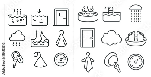 The image is a collection of various symbols and icons related to different aspects of daily life. The symbols include a clock, a towel, a door, a pool, a shower, and a boat