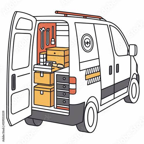 White van with open doors and tools workshop orange