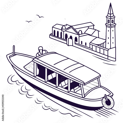 Boat sailing past historic building and birds tower